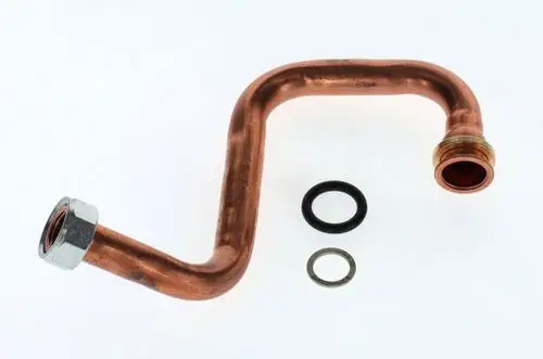 BOSCH Anschlussrohr aus Kupfer mit zwei Anschlüssen und O-Ringen, geeignet für Rohrverbindungen in Heizungs- oder Kühlsystemen.